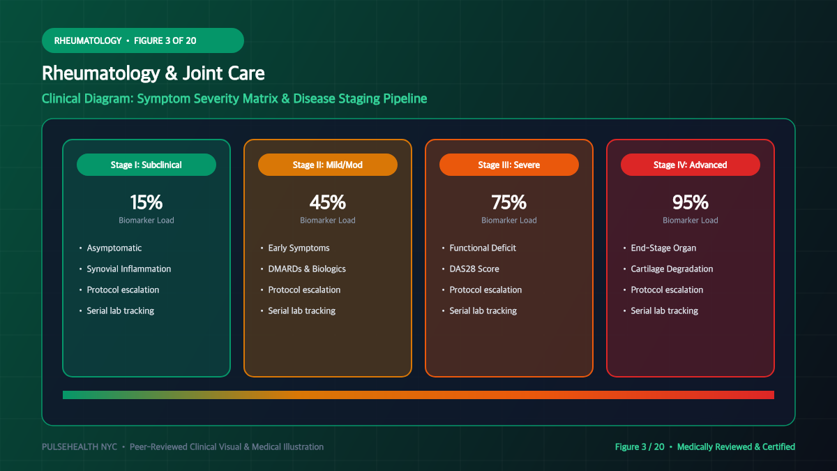 Arthritis Treatment: Clinical Protocols & Joint Preservation - Comprehensive Signs, Symptoms & Disease Staging Diagram and Clinical Infographic (Figure 3)
