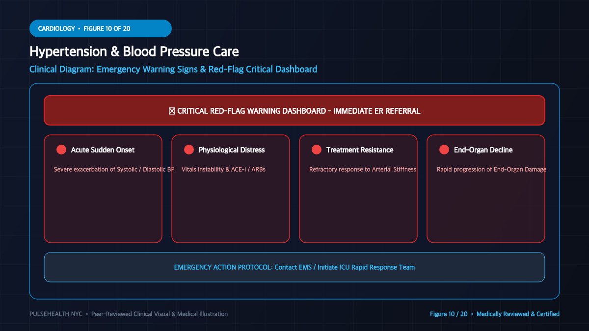 High Blood Pressure Treatment & Hypertension Clinical Guide - Complications, Risk Factors & Emergency Warnings Diagram and Clinical Infographic (Figure 10)