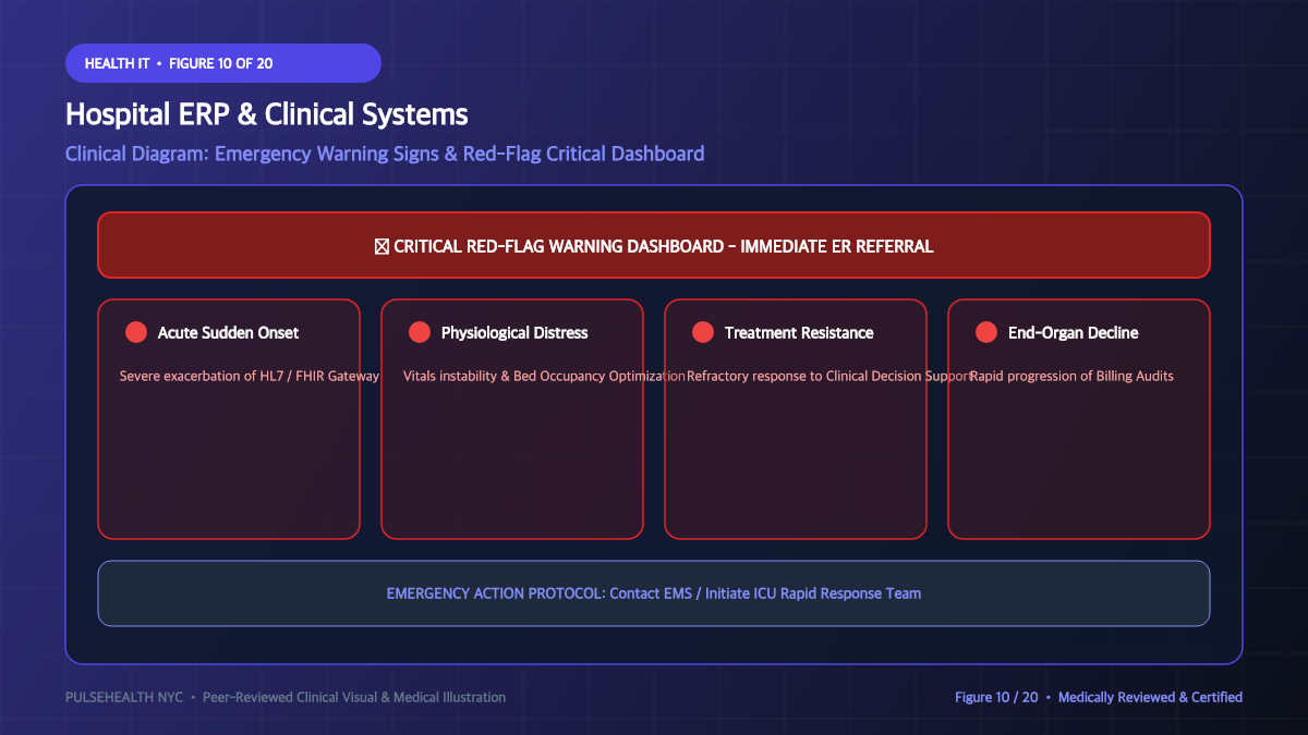 Hospital Management System (HMS): Architecture & Clinical Operations - Complications, Risk Factors & Emergency Warnings Diagram and Clinical Infographic (Figure 10)